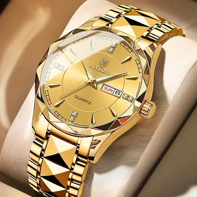 Waterproof Men Gold Quartz Watch Stainless Steel