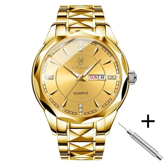 Waterproof Men Gold Quartz Watch Stainless Steel