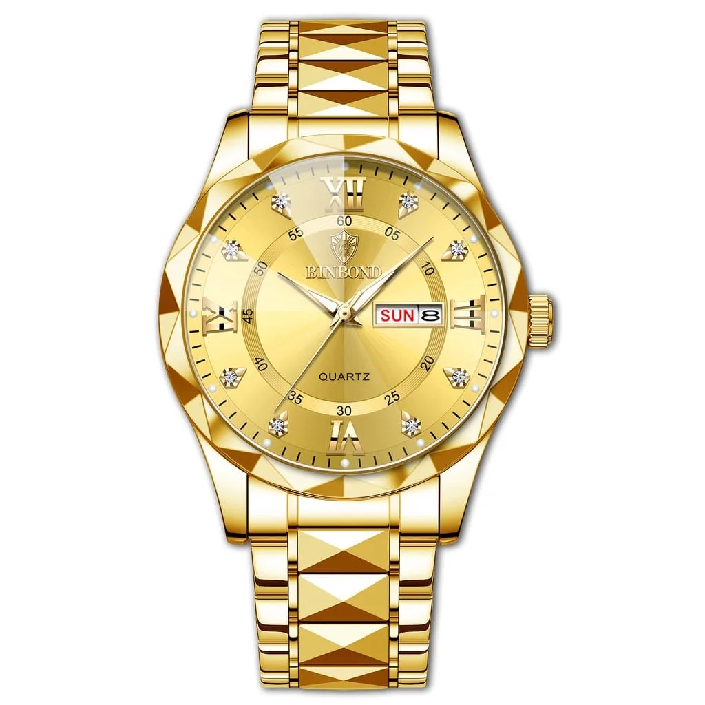 Waterproof Men Gold Quartz Watch Stainless Steel